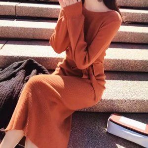 Brown Long Sleeve Waist Tie Knit Midi Dress